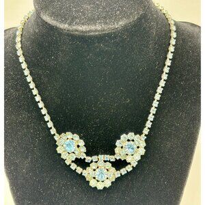 1960s Rhinestone Necklace-Prong Set Blue Crystals Silver Tone-401